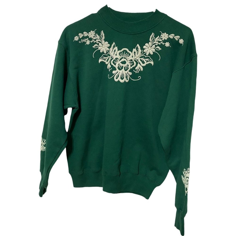 Vintage Green Hanes Activewear Flowers Crewneck Sweatshirt Size Medium